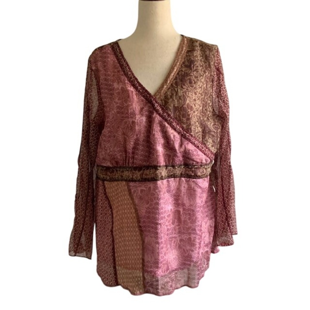 Celestial Boho Mixed Print Blouse 22W 24W Sheer Puff Sleeve Whimsigoth Festival